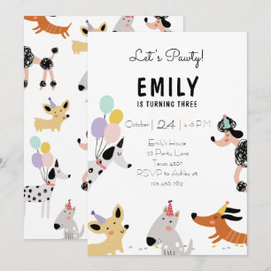 Dog Birthday Party Puppy Pawty Modern Girl Invite Kaart