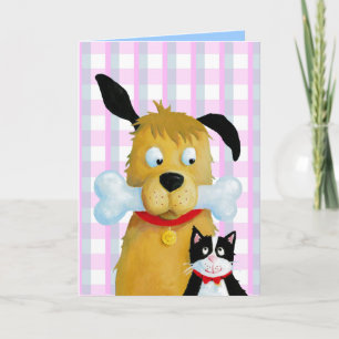 Dog Bone & Cat on Tartan Pattern - Wenskaart Kaart