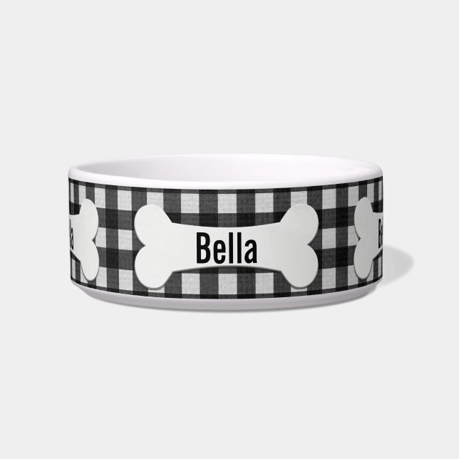 Dog Bone on Gingham Bowl Voerbakje (Voorkant)