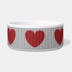 Dog Bowl Silver Red Heart Glitter Voerbakje