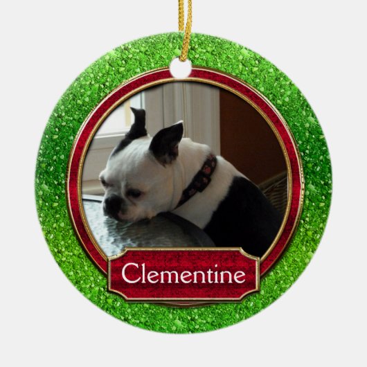 Dog Cat Green Red Sparkle Kerstmis Keramisch Ornament (Voorkant)