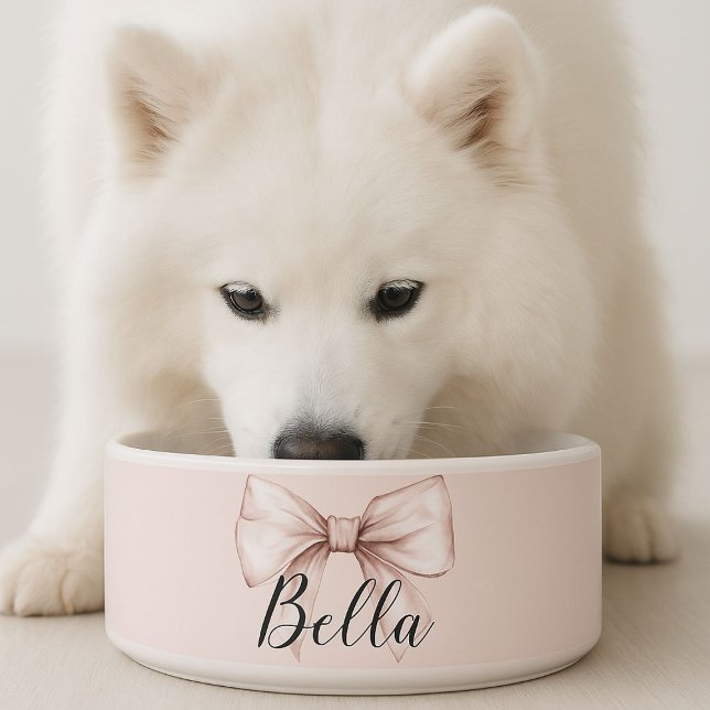 Dog Cat Pink Bow & Blush Bow gepersonaliseerd Voerbakje (Pink bow dog bowl )