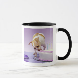Dog (chihuahua) die verjaardagstaart op tafel eet mok
