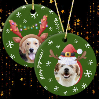 Dog Christmas Foto's w / Santa Rendier Antler Pett Keramisch Ornament