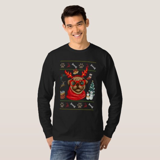 Dog Cute Pug Reindeer Antlers Ugly Christmas T-shirt (Voorkant volledig)