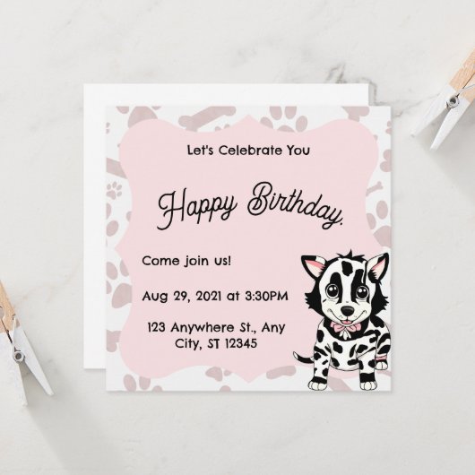 Dog drawing invitation for women's party.  (Devant/Arrière en situation)