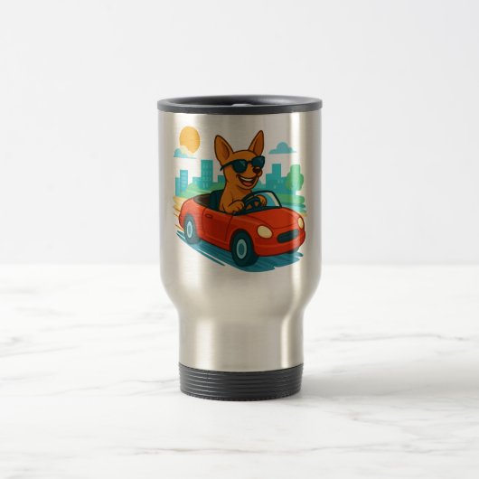 Dog Driving Red Car Cartoon Travel Mug (Centre)