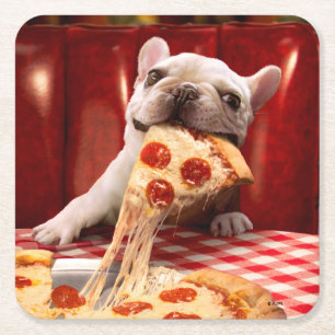 Dog Eating Pizza Slice Vierkante Kartonnen Onderzetter