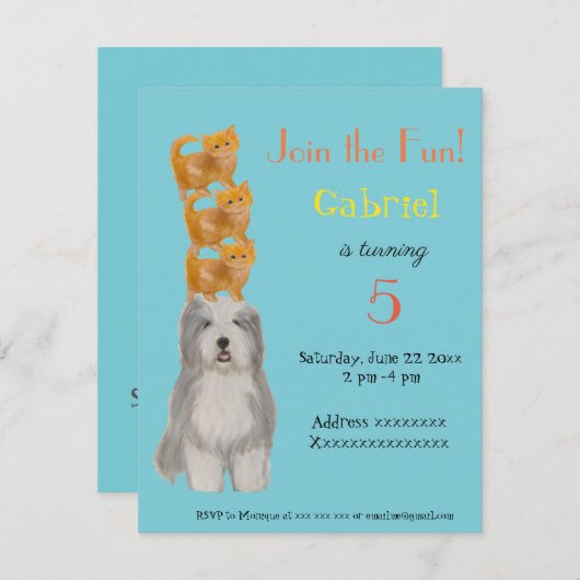 Dog en Kittens, uitnodiging voor verjaardagsfeest (Voorkant / Achterkant)