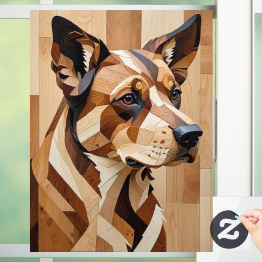 Dog Face intarsia wood art print Window Cling Raamsticker (Huis)