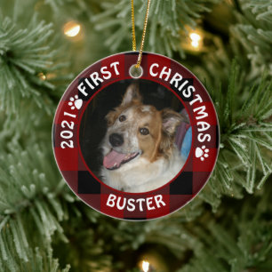 Dog FIRST CHRISTMAS Red Buffalo Pset 2 Foto Keramisch Ornament