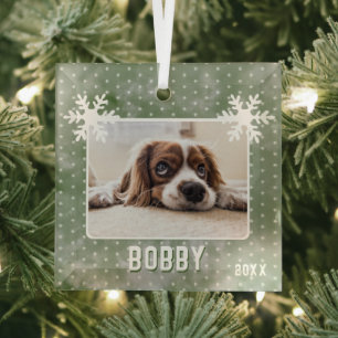 Dog Foto Snowflakes Green Pet Name Kerstmis Glas Ornament