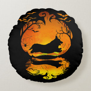 Dog Gift Corgi Silhouette Pumpkin Halloween Rond Kussen