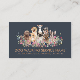 Dog Grooming Pet Service Flowers Simple Navy Visitekaartje