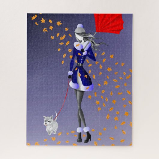 Dog & Lady Automne Feuilles Blue Jigsaw Puzzle (Vertical)