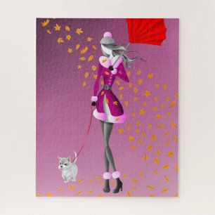 Dog & Lady Automne Feuilles Pink Jigsaw Puzzle