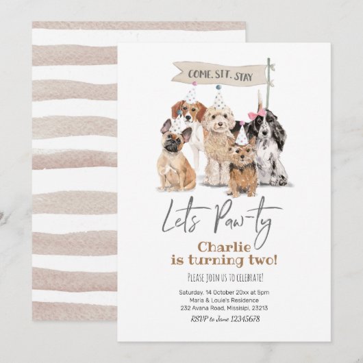 Dog Let's Pawty Birthday Invitation Kaart (Voorkant / Achterkant)