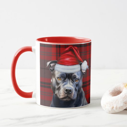 Dog Lover's Bluenose Pitbull Holiday Red Plaid Mok (Met donut)