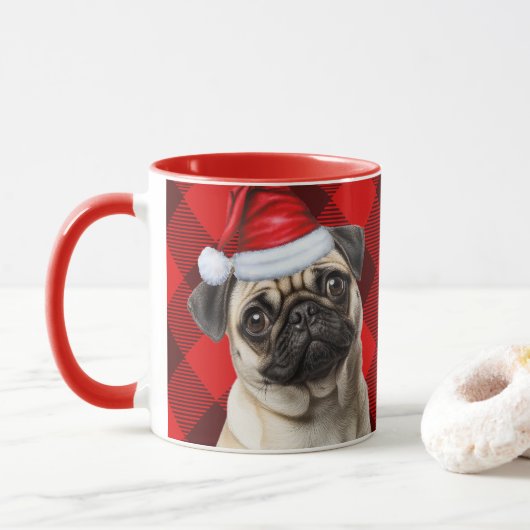 Dog Lover's Pug Holiday Red Buffalo Plaid Mok (Met donut)