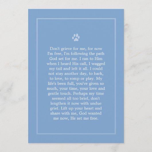 Dog Memorial 5x7 Light Blue Don't Grieve Poem Programma (Achterkant)
