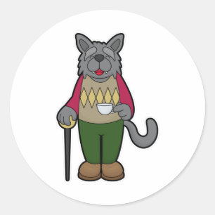 Dog met beker koffie ronde sticker