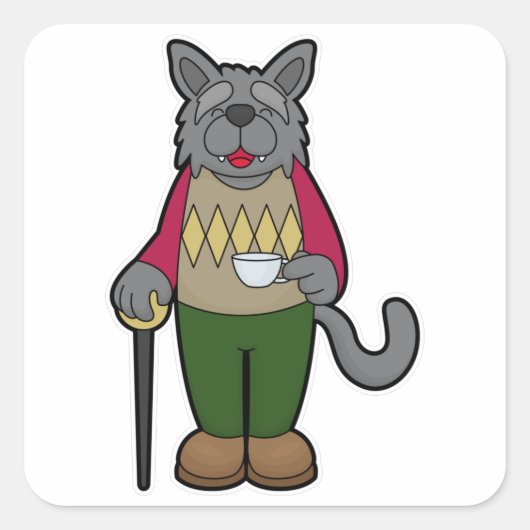 Dog met beker koffie vierkante sticker (Voorkant)