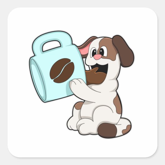 Dog met beker koffie vierkante sticker (Voorkant)