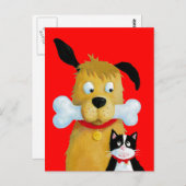 Dog met bot en kat - Funny Briefkaart (Voorkant / Achterkant)