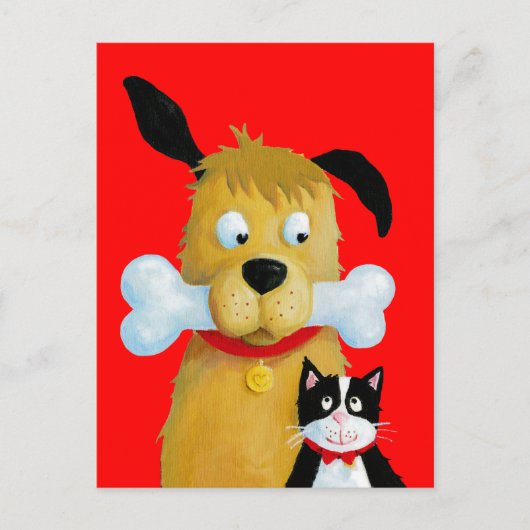 Dog met bot en kat - Funny Briefkaart (Voorkant)