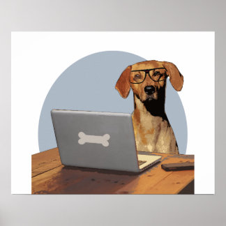 Dog met bril op computer en bureau poster