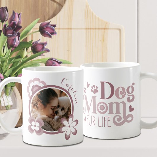 Dog Mom Retro Bloemen Blush Pink Custom Foto Koffiemok
