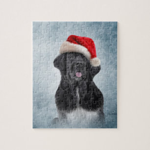 Dog Newfoundland in het rode pet van de kerstman Legpuzzel