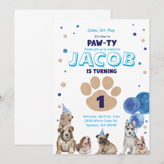 Dog Party Invite voor jongens Kaart (Voorkant / Achterkant)