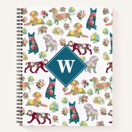 Dog Pattern Waterverf Flowers Monogram Notitieboek (Voorkant)