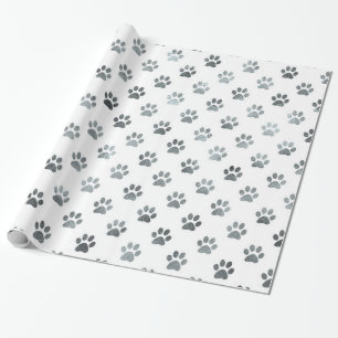 Dog Paw Print Silver Grey White Metallic Faux Foil Cadeaupapier