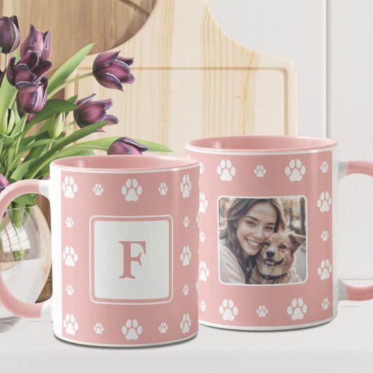 Dog Paw Roze Wit Monogram Foto Mok