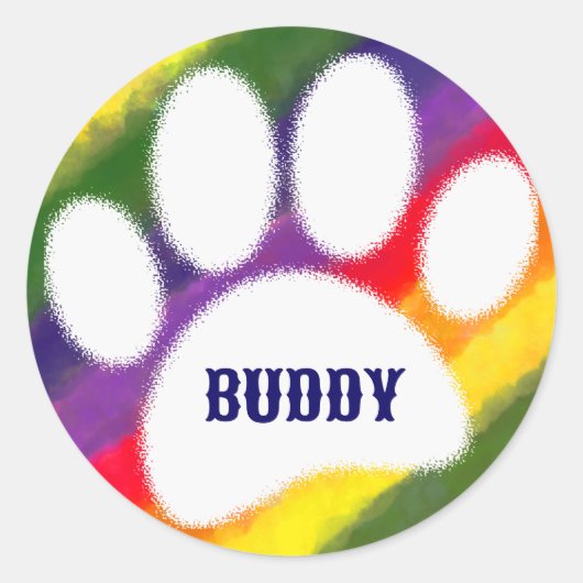 Dog Pawprint Rainbow Waterverf Aangepaste naam Ronde Sticker (Voorkant)