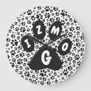 Dog Paws Black and White Polka Dot Large Clock Grote Klok