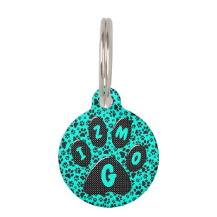 Dog Paws Black and White Polka Dot on vivid cyan Huisdierpenning