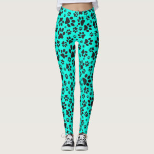Dog Paws Black and White Polka Dot on vivid cyan Leggings