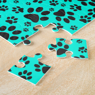 Dog Paws Black and White Polka Dot on vivid cyan Legpuzzel