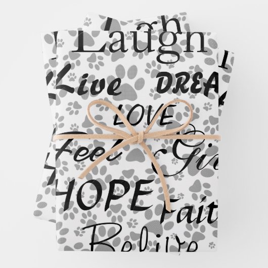 Dog Paws Black and White Polka Dot Wrapping Paper (In situ)