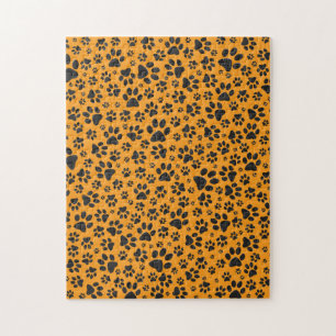Dog Paws Black & White Polka Dot op dahlia oranje Legpuzzel