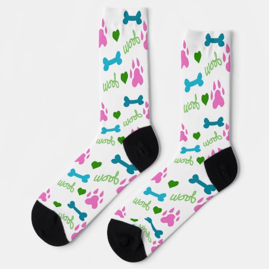 Dog Paws Botten Harten Woof Roze Groen Blauw Sokken (Links)