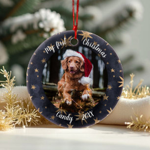 Dog Pet First Kerstfoto Rustic Messy Stars Keramisch Ornament