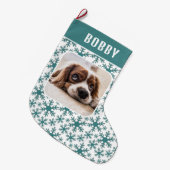 Dog Pet Photo Snowflake Snow Pattern Grote Kerstsok (Voorkant (Hangend))