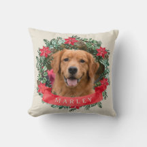 Dog Photo and Name Poinsettia Wreath Holiday Plaid