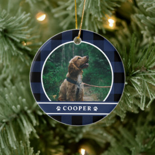 Dog Photo Navy Blue Pset Tartan Keramisch Ornament