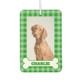 Dog Photo Pet Name in Bone on Green Gingham Plaid Luchtverfrisser (Voorkant)