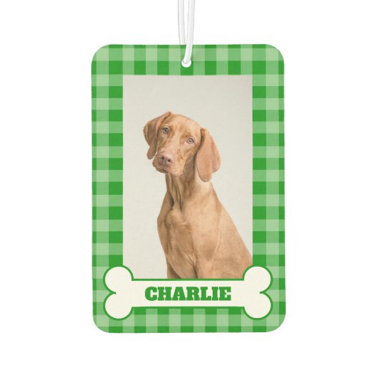 Dog Photo Pet Name in Bone on Green Gingham Plaid Luchtverfrisser (Achterkant)